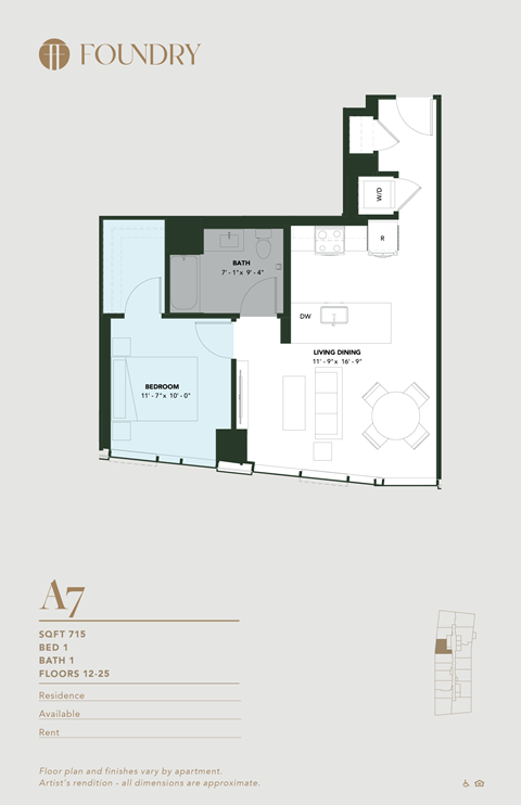 Floor plan for 1 bed, 1 bath, 715 sqft